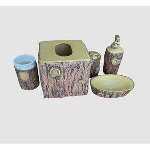 Rustic TreeBark BathroomSet - Soap Dispenser Toothbrush Holder Tumbler TissueBox